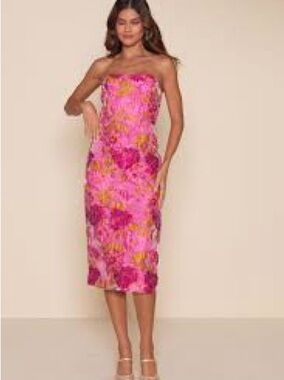 Lulu's Fuchsia and Yellow Floral Strapless Midi Dress